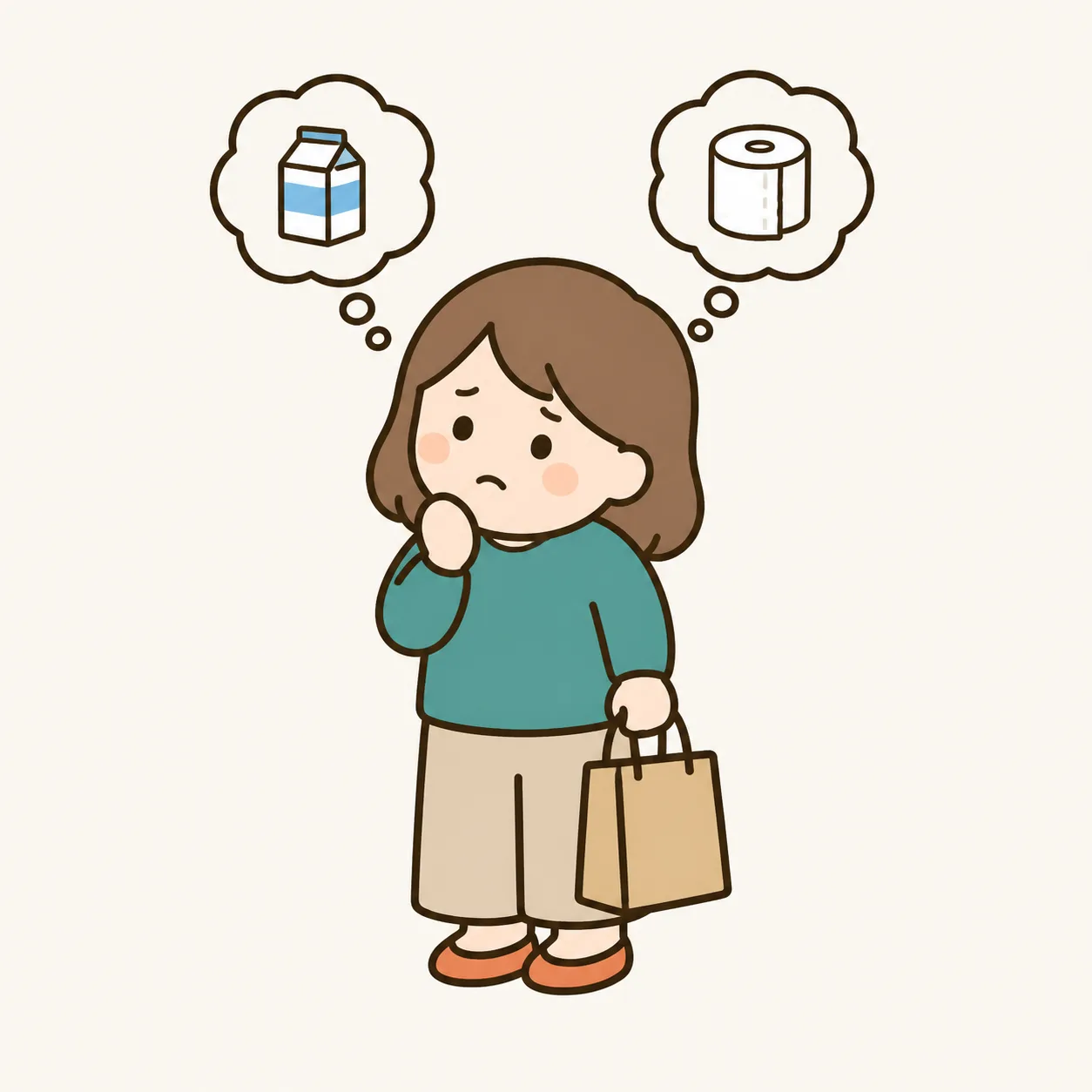 ショッピングバッグを持ちながら、買いたかったものを思い出せずにいる様子