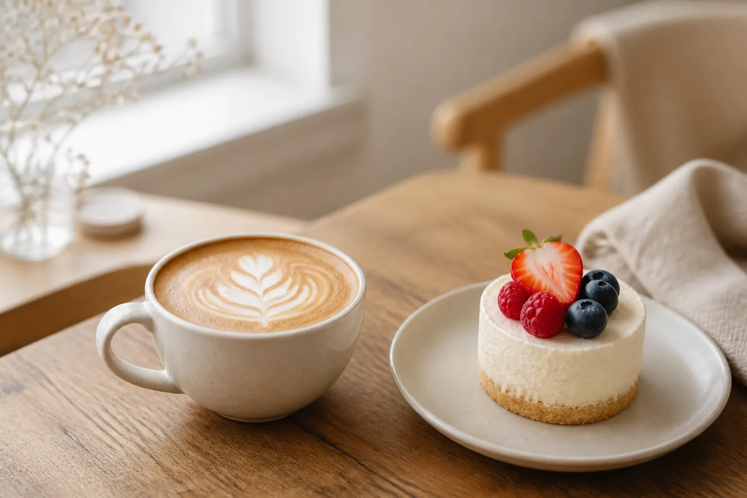 木のテーブルに置かれたカフェラテとケーキ