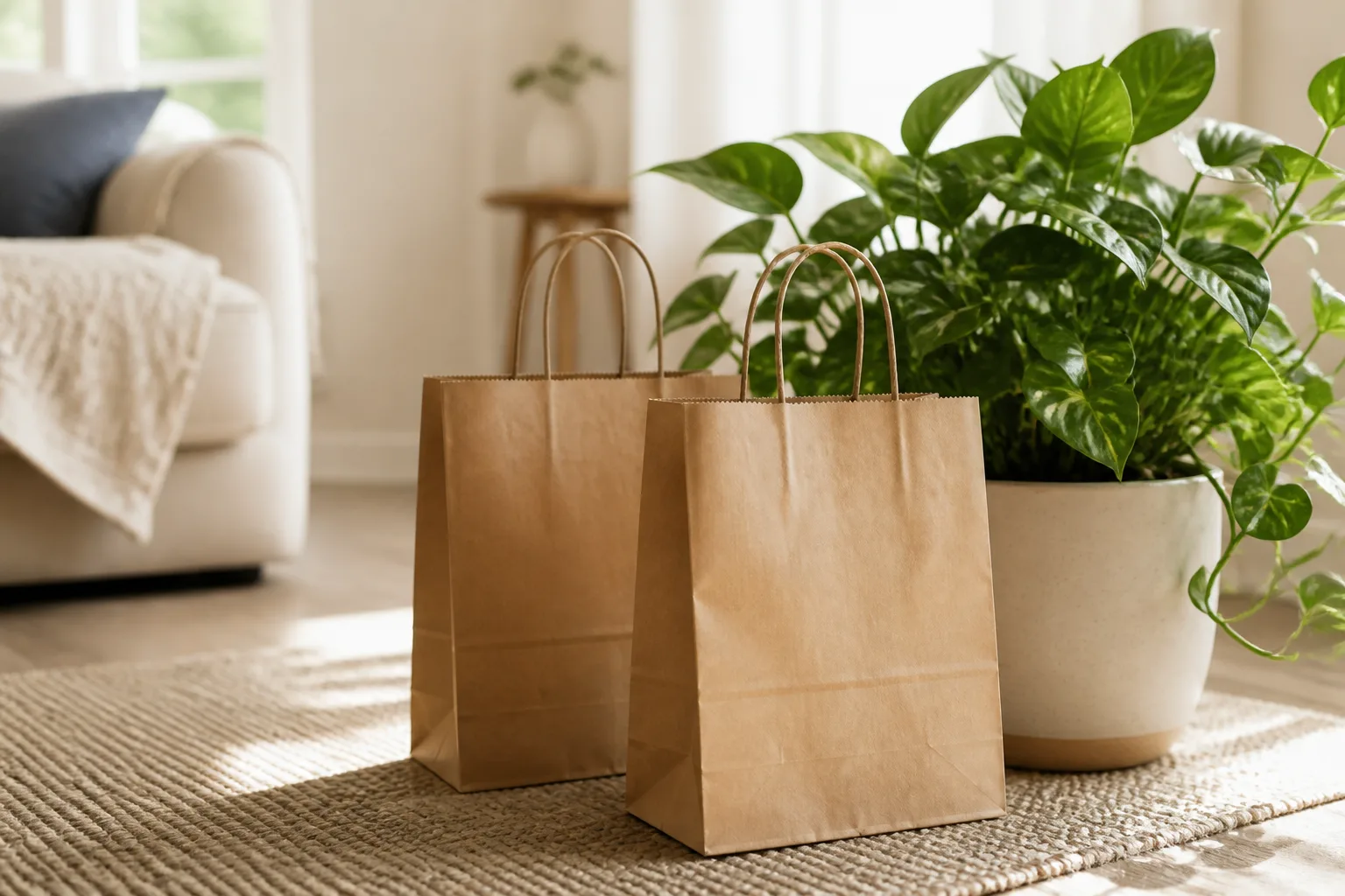 観葉植物のそばに置かれた紙のショッピングバッグ